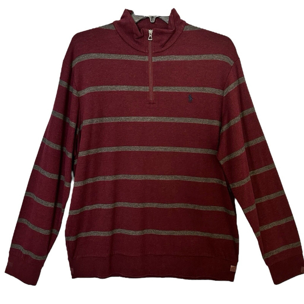 Polo Ralph Lauren Mens XL Dark Red Grey Striped Pullover Half‎ Zip Sweater